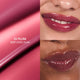 Enlarge image of Lipstick with &amp;#39;DJ Plum Deep Cool Plum&amp;#39; color swatch and application on lips.