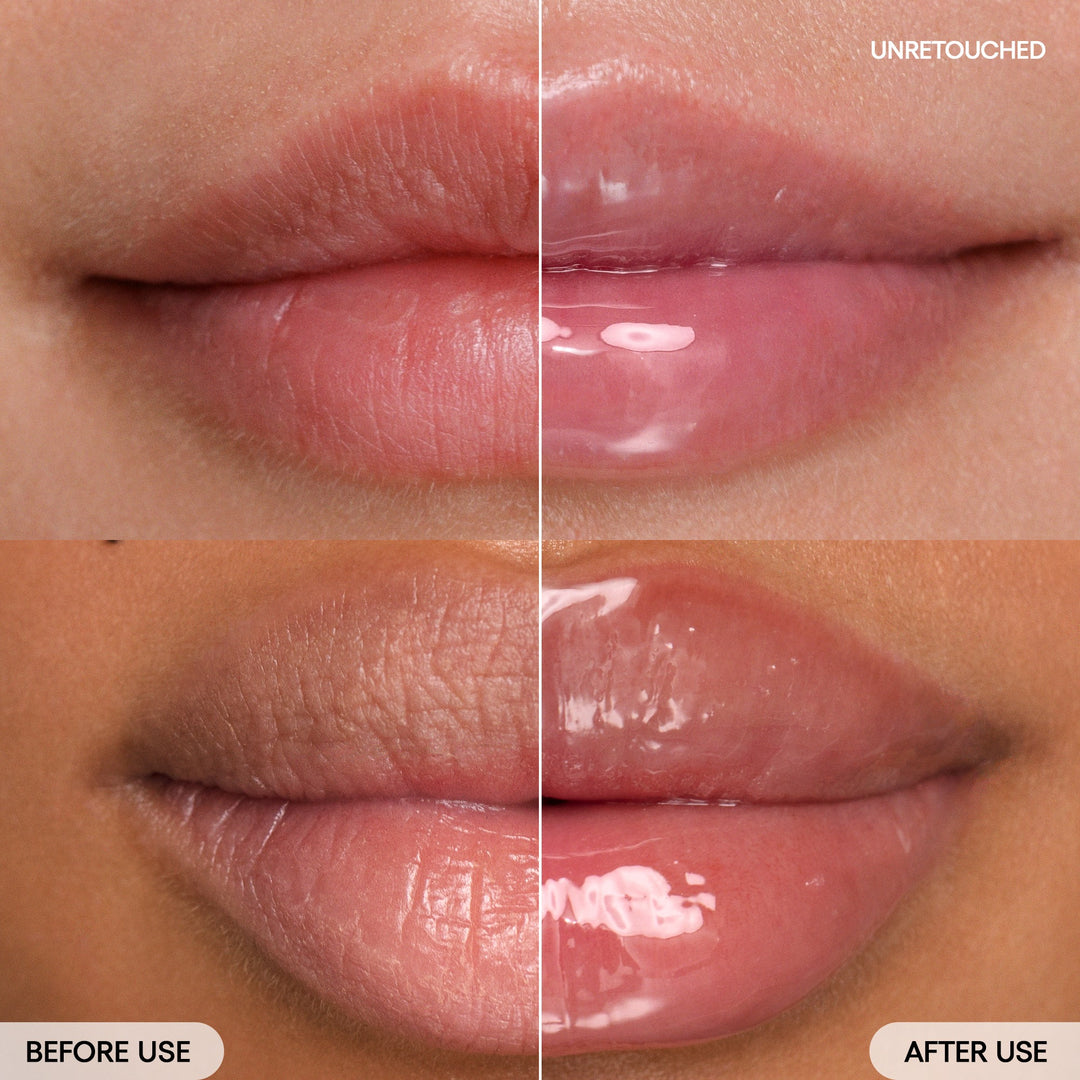 before & after Lip Glowy Balm Berry (Pink tint) on model