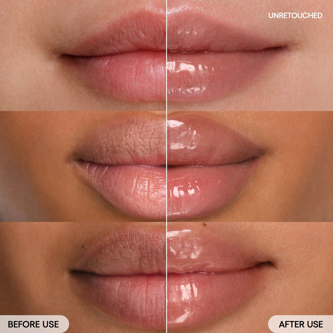 before & after Lip Glowy Balm Mango (Yellow tint) on model