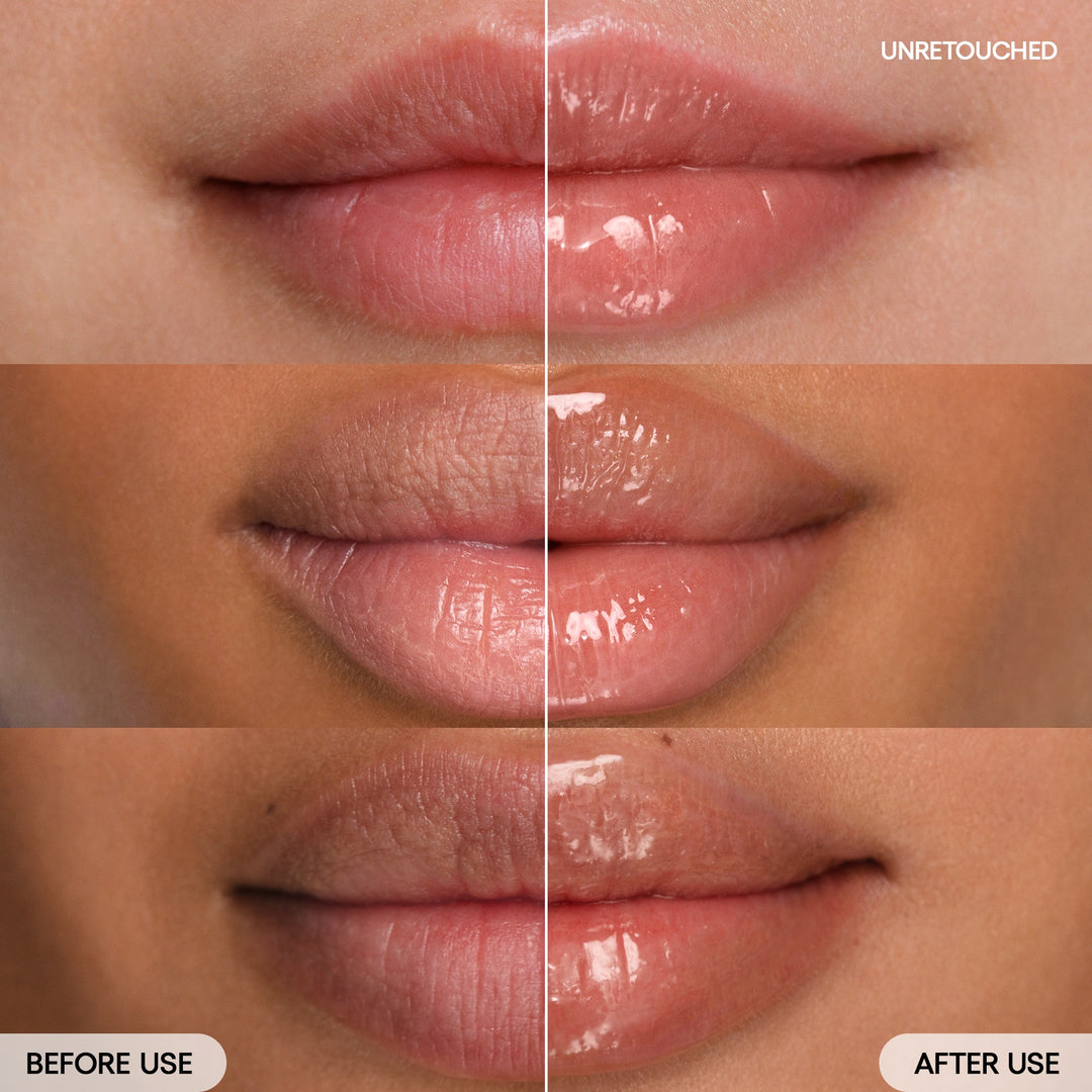 before & after Lip Glowy Balm Peach Iced Tea on model
