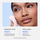 Enlarge image of A skincare marketing graphic featuring a close-up of a woman&amp;#39;s face with a pink towel on her cheek against a light blue background, with text below reading &amp;#39;IMMEDIATELY AFTER 100% showed improvement in hydration after use&amp;#39; and &amp;#39;AFTER 4 WEEKS 100% felt stronger moisture barrier&amp;#39;.