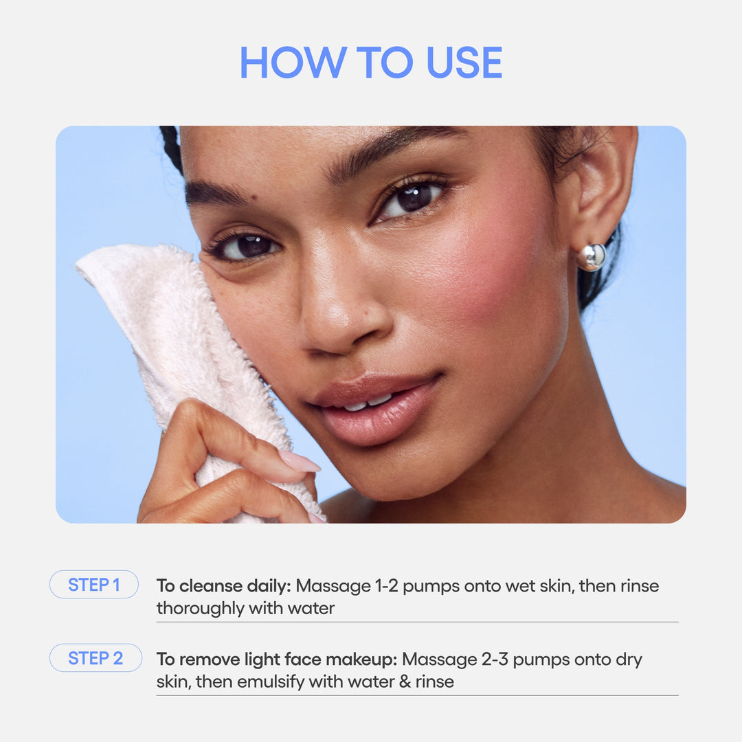 Instruction graphic titled 'HOW TO USE' showing a woman with a white towel on her face, with two steps of facial massage and rinsing instructions below on a light gray background.